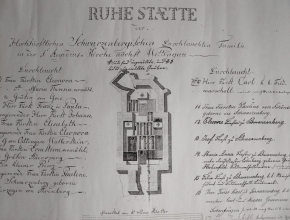 Mapa katakombních prostor k ukládání ostatků pod podlahou kostela